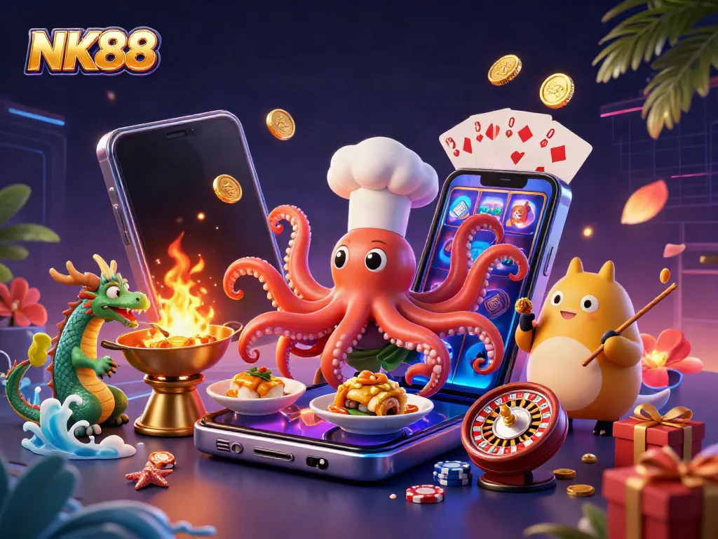 Experience the excitement of NK88 with vibrant casino characters and games in dynamic 3D illustration.