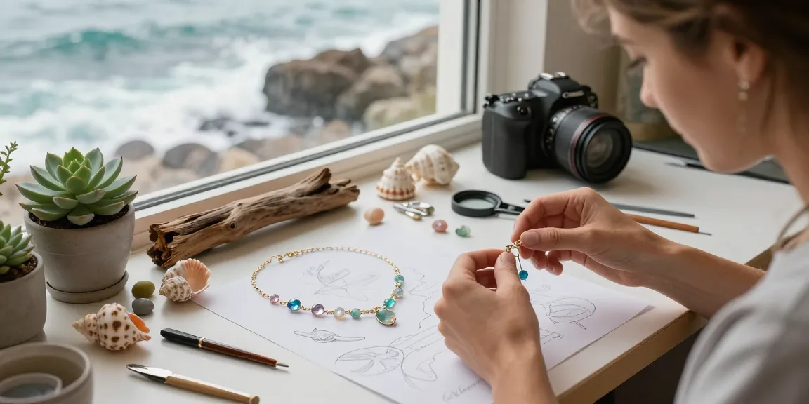 Bespoke jewellery UK crafted in a coastal-inspired studio showcasing shimmering gemstones and ocean motifs.