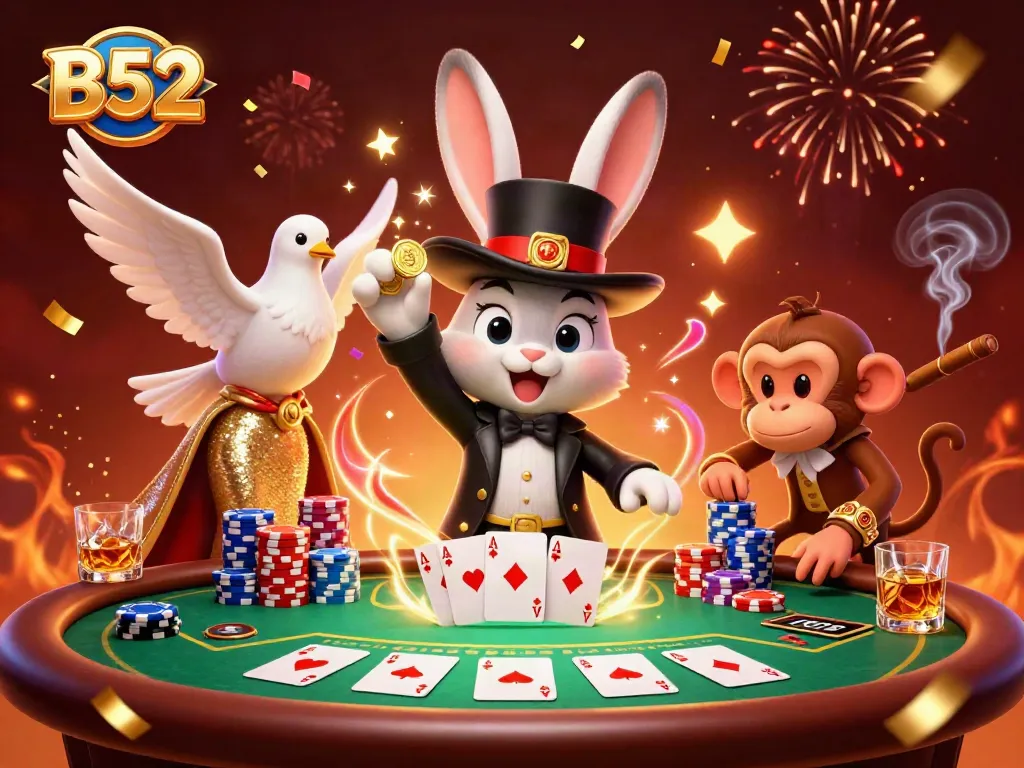 B52 players enjoy thrilling poker action with vibrant characters, chips, and golden coins.