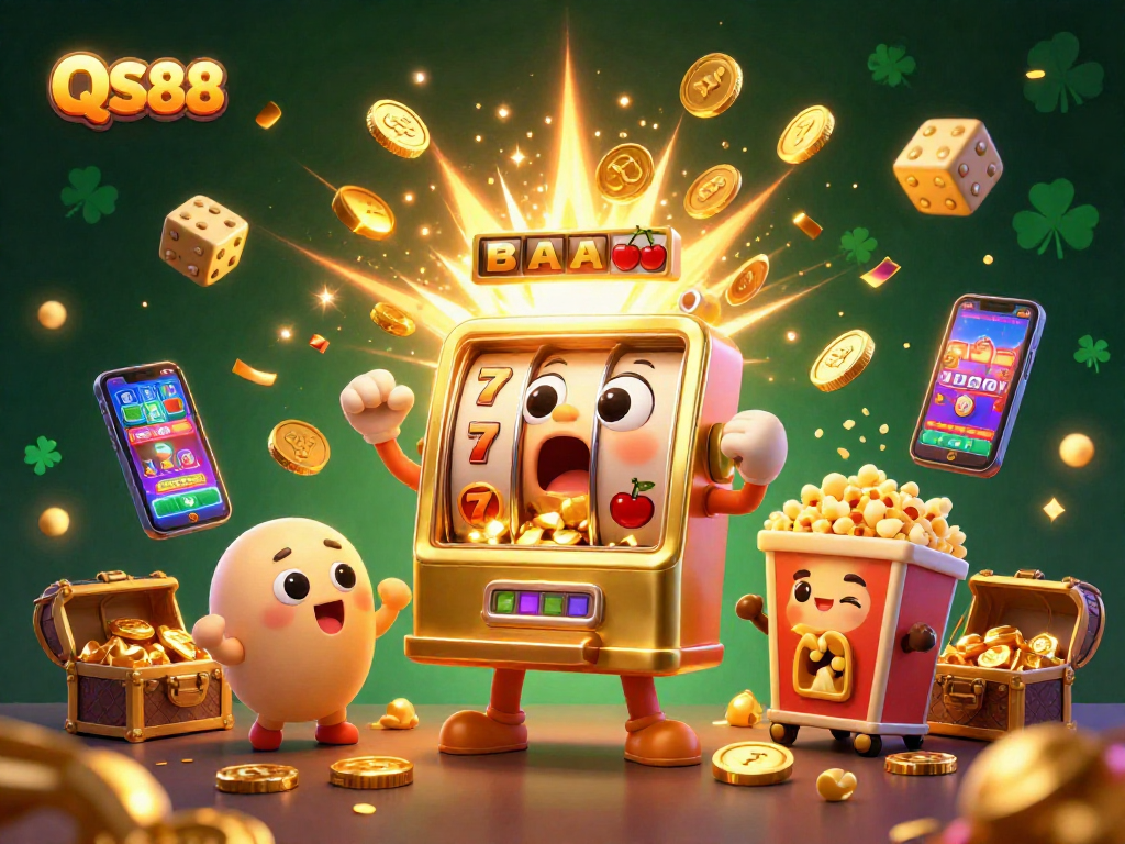 Experience thrilling wins at QS88 as a 3D golden slot machine celebrates a jackpot amidst flying symbols and golden treasures.
