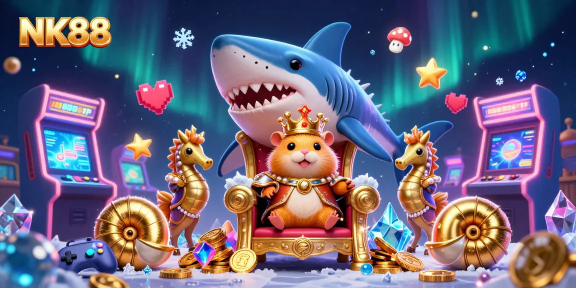 NK88 showcases a vibrant gaming scene with a golden hamster king surrounded by colorful arcade elements.