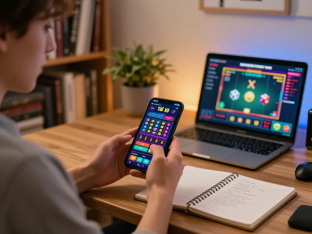 Engaged player using a Tài Xỉu mobile app to place strategic bets during online gaming session