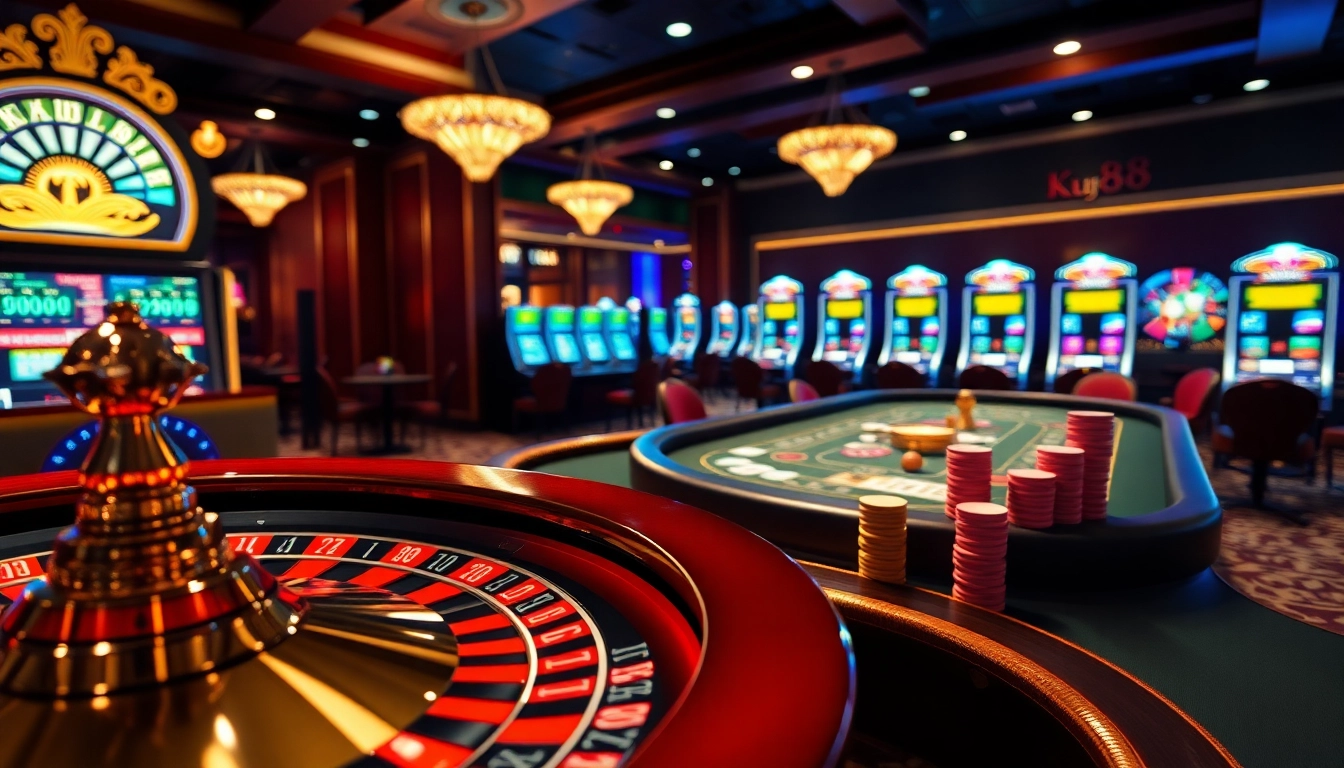 Experience the excitement of betting at Website Ku88 with vibrant casino tables, roulette, and poker action.