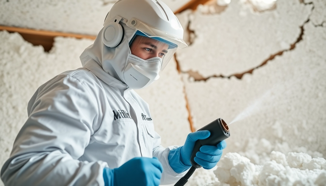 Spray foam removal service showcasing a technician removing insulation in a clean indoor setting.