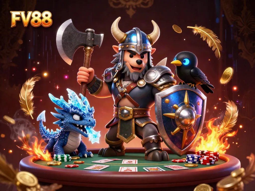 Experience thrilling poker action with FV88 in this vibrant 3D illustration packed with casino elements.
