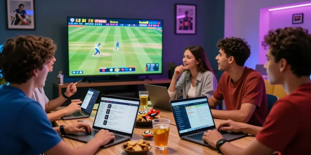 Friends engaging in sports betting on lotus365 while watching a cricket match.