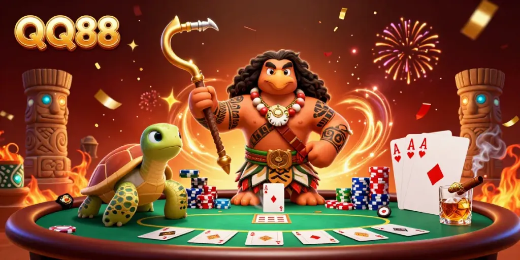 Engage in thrilling poker at QQ88 with vibrant characters and casino elements.