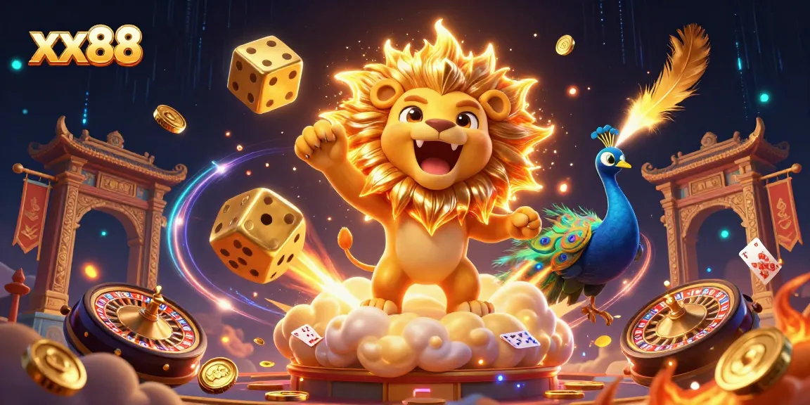 Experience thrilling gameplay at xx88 as golden dice roll and a peacock dances, surrounded by sparkles and casino elements.