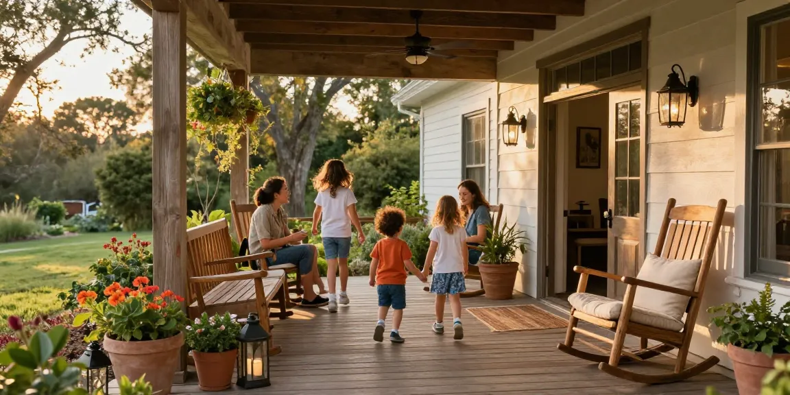 Cozy oak porch scene with family enjoying time together, vibrant plants, and warm sunlight.