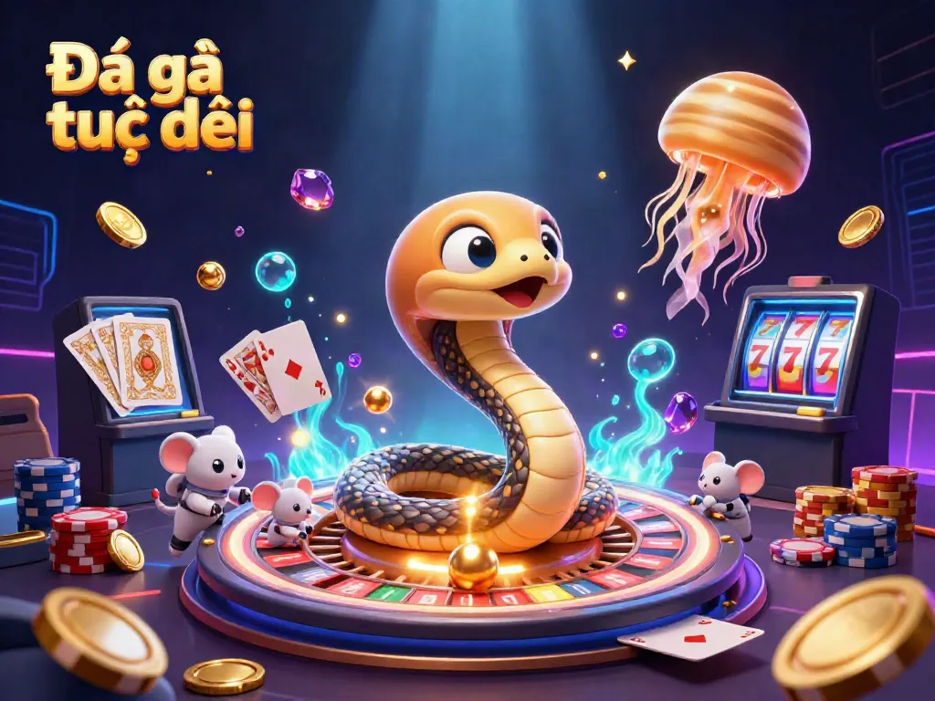 Engage in Đá gà trực tiếp with lively characters in a vibrant casino scene, showcasing dynamic action and excitement.