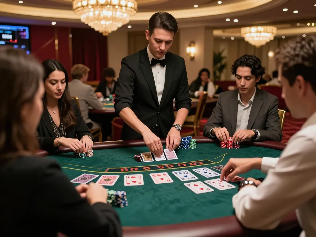 Players strategize at a blackjack table at f8betz casino, featuring professional dealer and luxurious decor.
