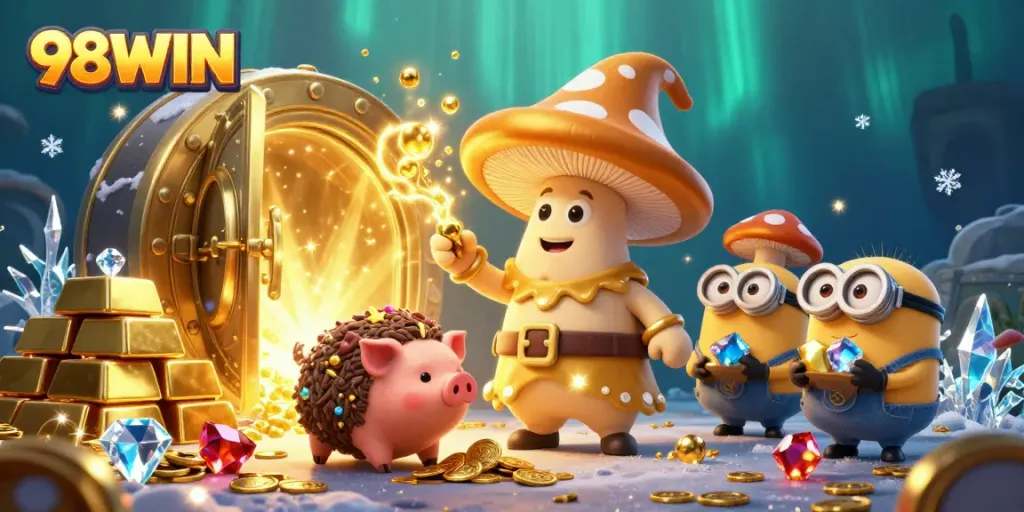 Engage with 98WIN's treasure-filled gaming adventure in a vibrant casino-themed illustration.