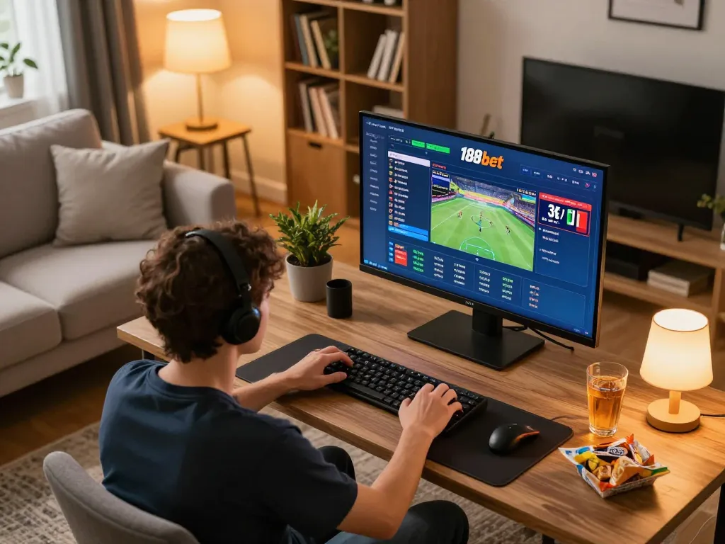 Engaging in sports betting on 188bet from a cozy living room setup, showcasing the online betting interface.