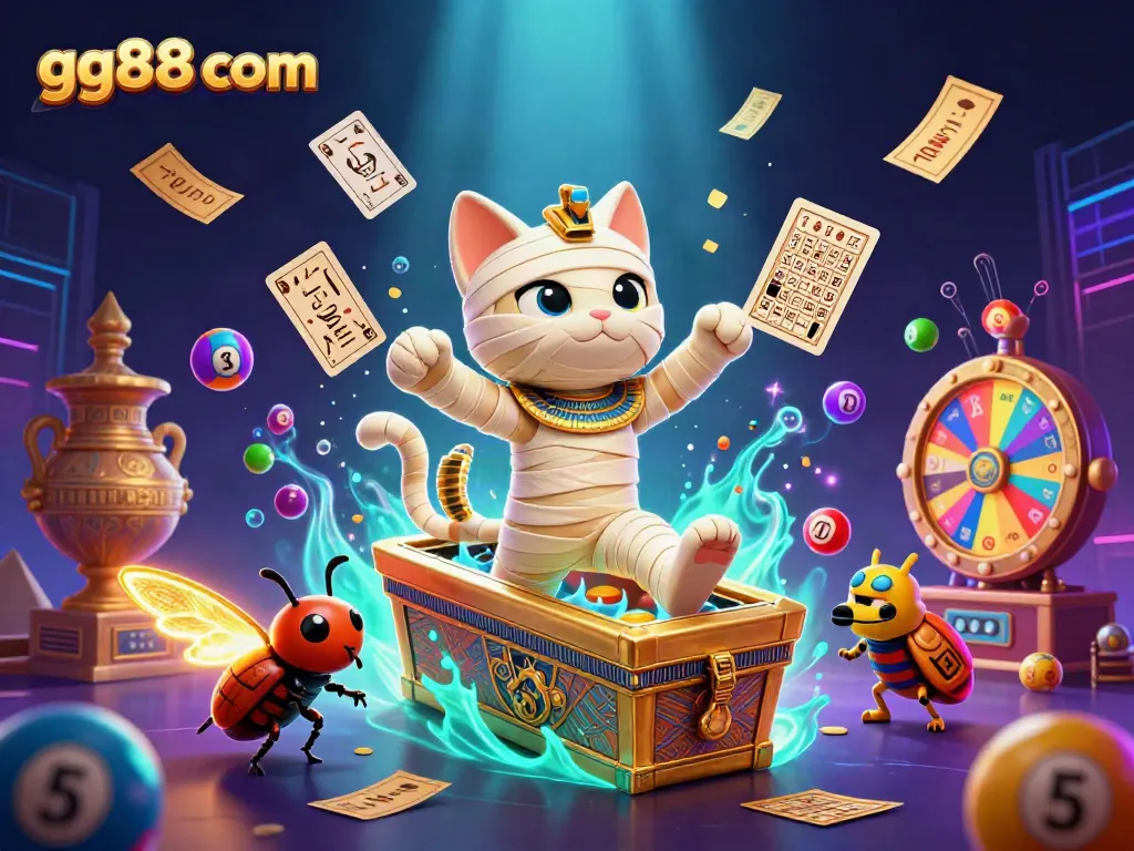 Experience the thrills of gg88 com with a vibrant pyramid casino scene featuring a mummy cat and scarab beetle.