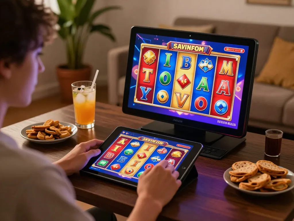 Nohu90 player enjoying exciting slot games in a cozy home setting with a tablet