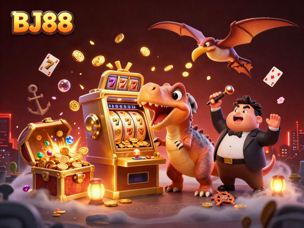 BJ88 players celebrating as a dinosaur hits the jackpot at a vibrant casino with flying coins