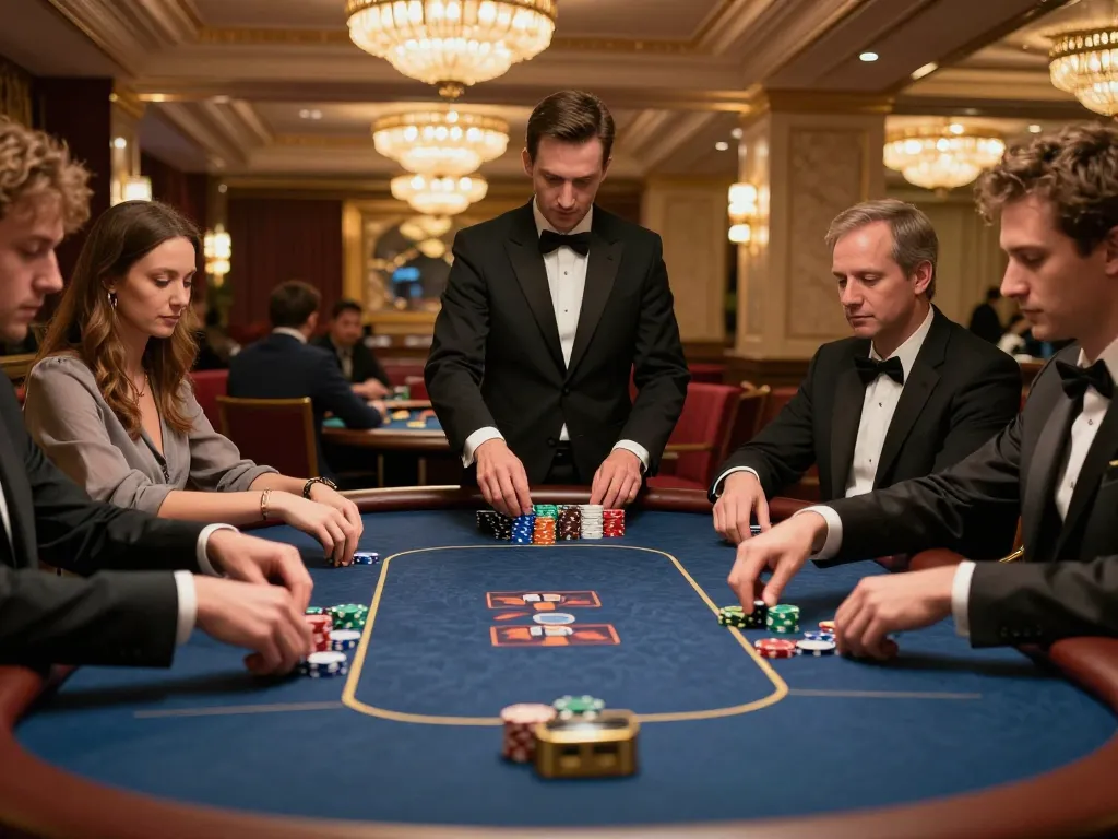 Players engage in strategic poker at an upscale casino's 79king VIP area, illuminated by warm lighting.