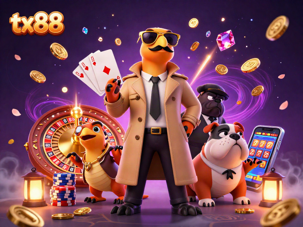 Experience excitement at tx88 with raptors sneaking into a VIP casino lounge, surrounded by dazzling gaming elements.
