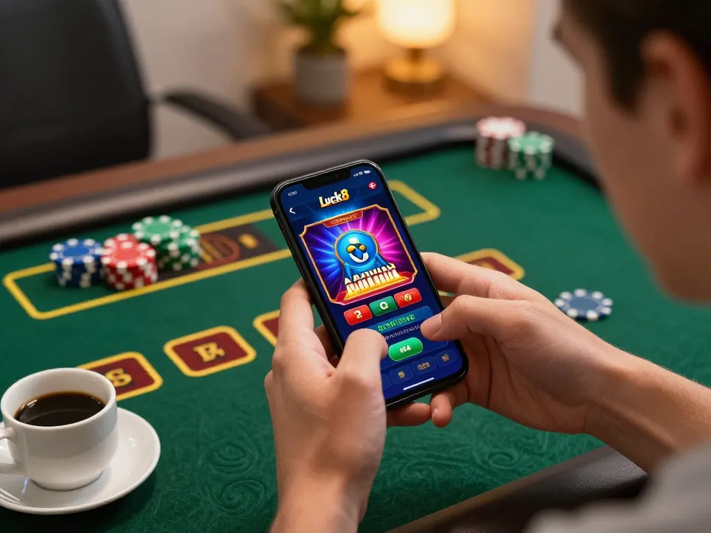 Engaging online gaming moment with a Luck8 app on a smartphone showcasing casino action, inviting players to join.