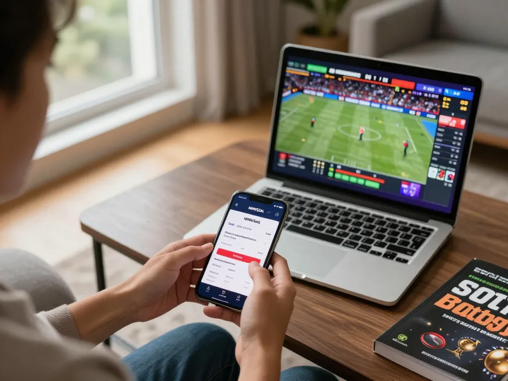 Engaged user exploring NOWGOAL sports betting app on smartphone in modern living room.