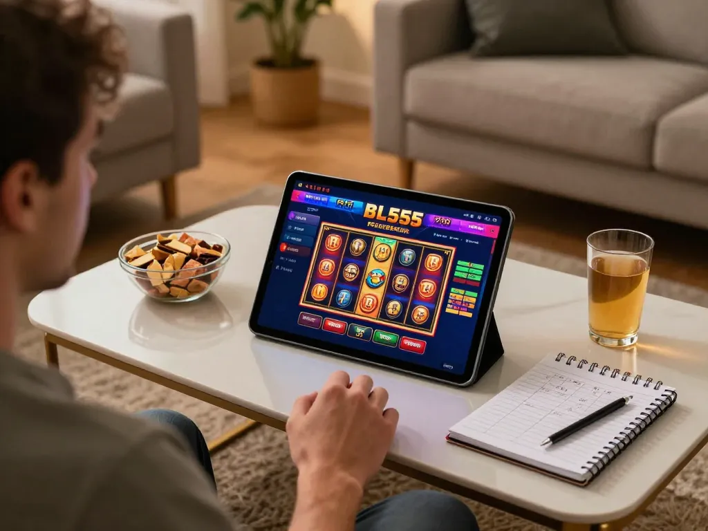 Player engaging with the BL555 online casino slot game in a cozy home setting.