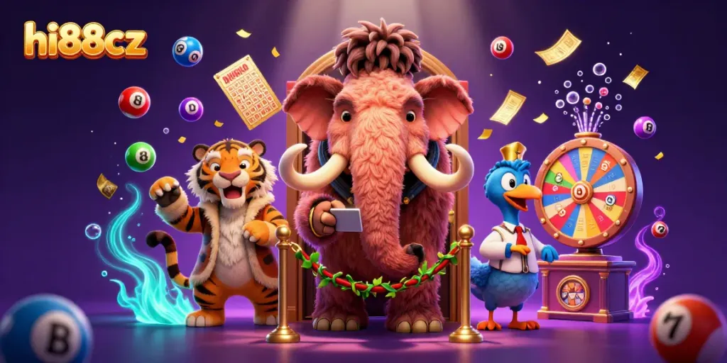 Experience excitement at hi88cz with a vibrant 3D casino scene featuring colorful lottery elements.