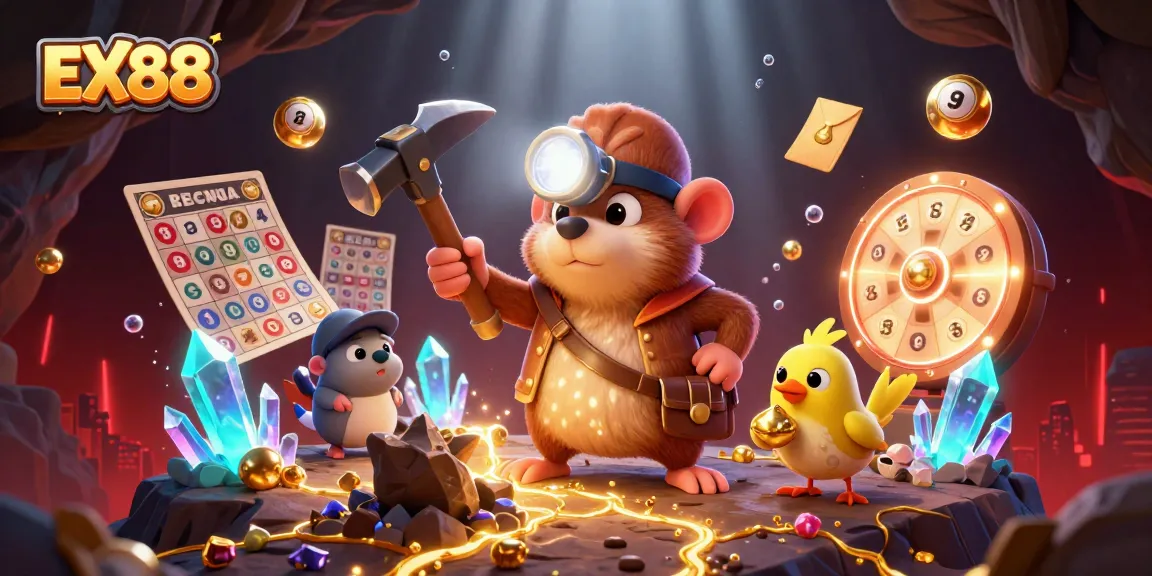 Join the EX88 treasure hunter in a vibrant bingo cave filled with golden prizes!