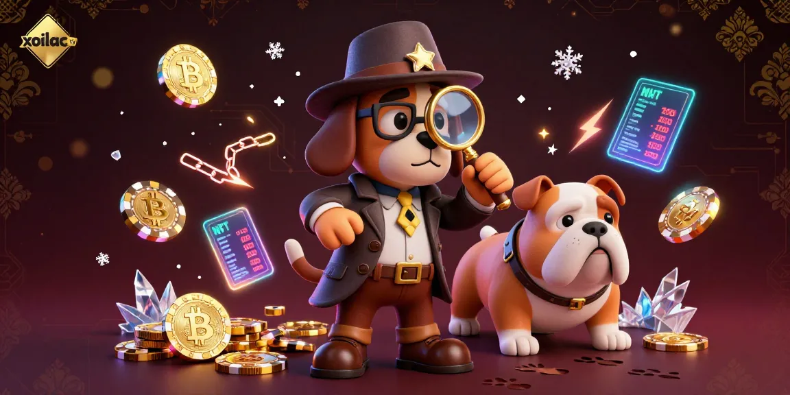 Experience live sports action on xoilac tv with 3D cartoon detective exploring clues and crypto elements.
