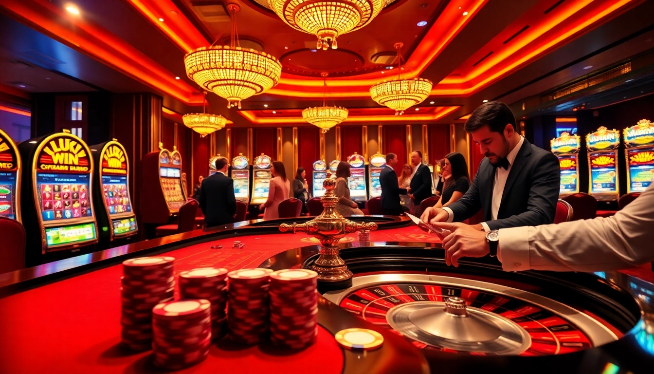 Experience the excitement of LuckyWin at a luxurious casino table with poker chips and cards.