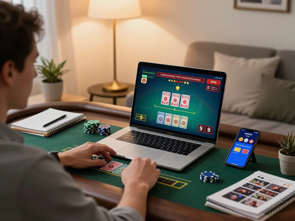 BOMWIN player strategizing on a live casino game during a cozy home gaming session.