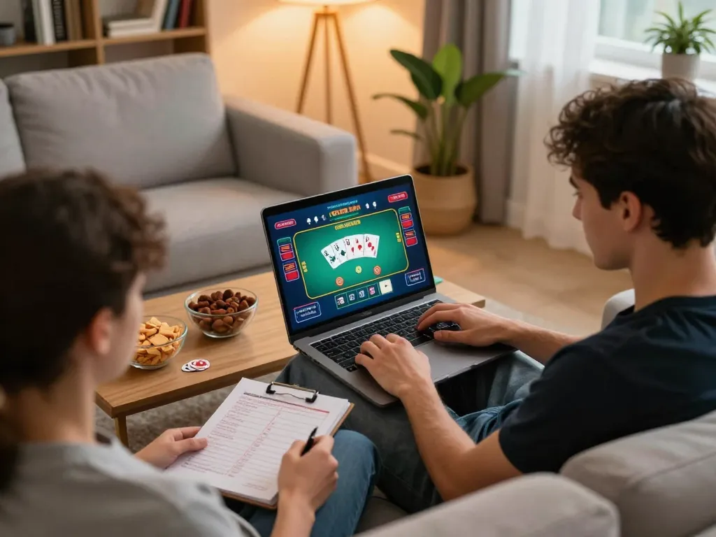 Engaging in an online poker game at home, showcasing responsible gambling with xin88.