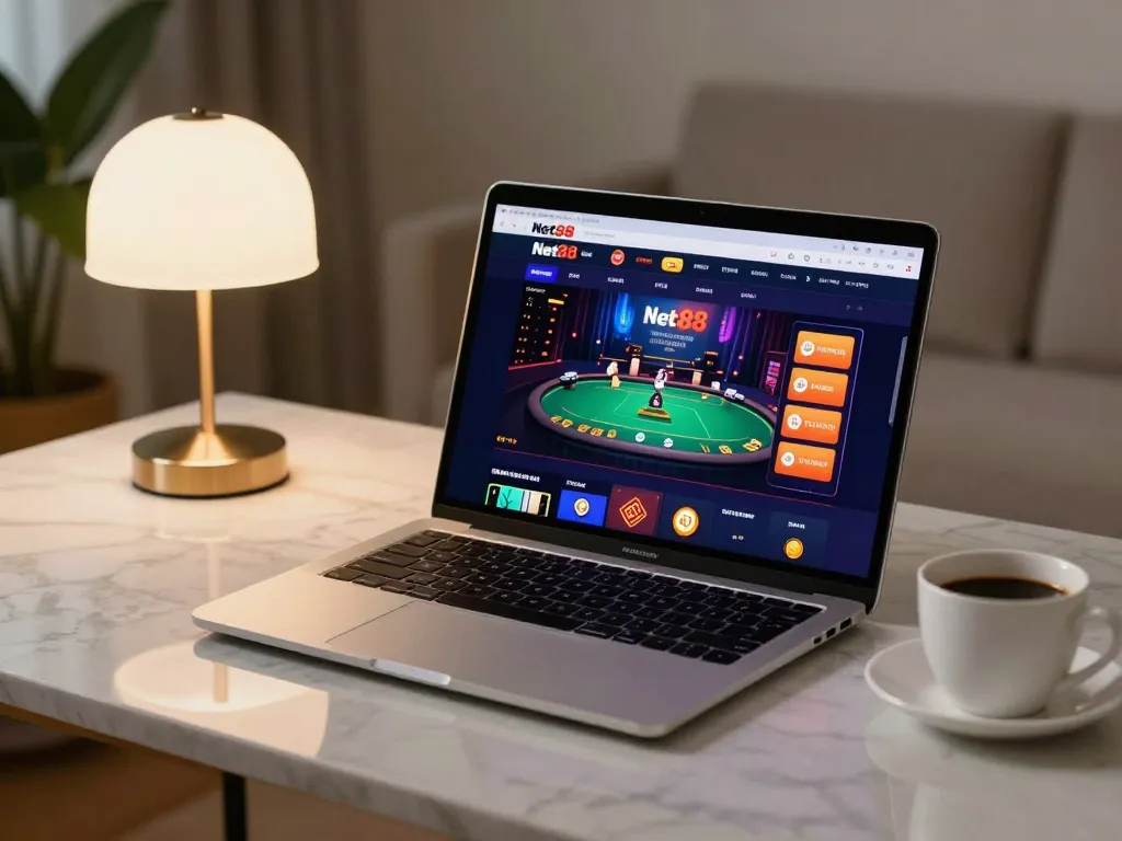 Net88 online casino gaming setup showcasing an exciting poker game interface on a stylish laptop.