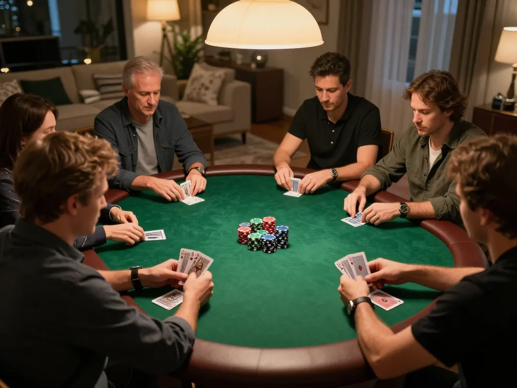 Players enjoy competitive poker game night in a warm home setting, featuring Okwintv's gameplay dynamics