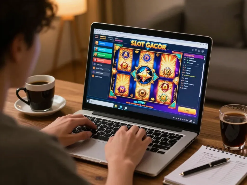 Engaging with Slot Gacor games on a laptop in a cozy home setting