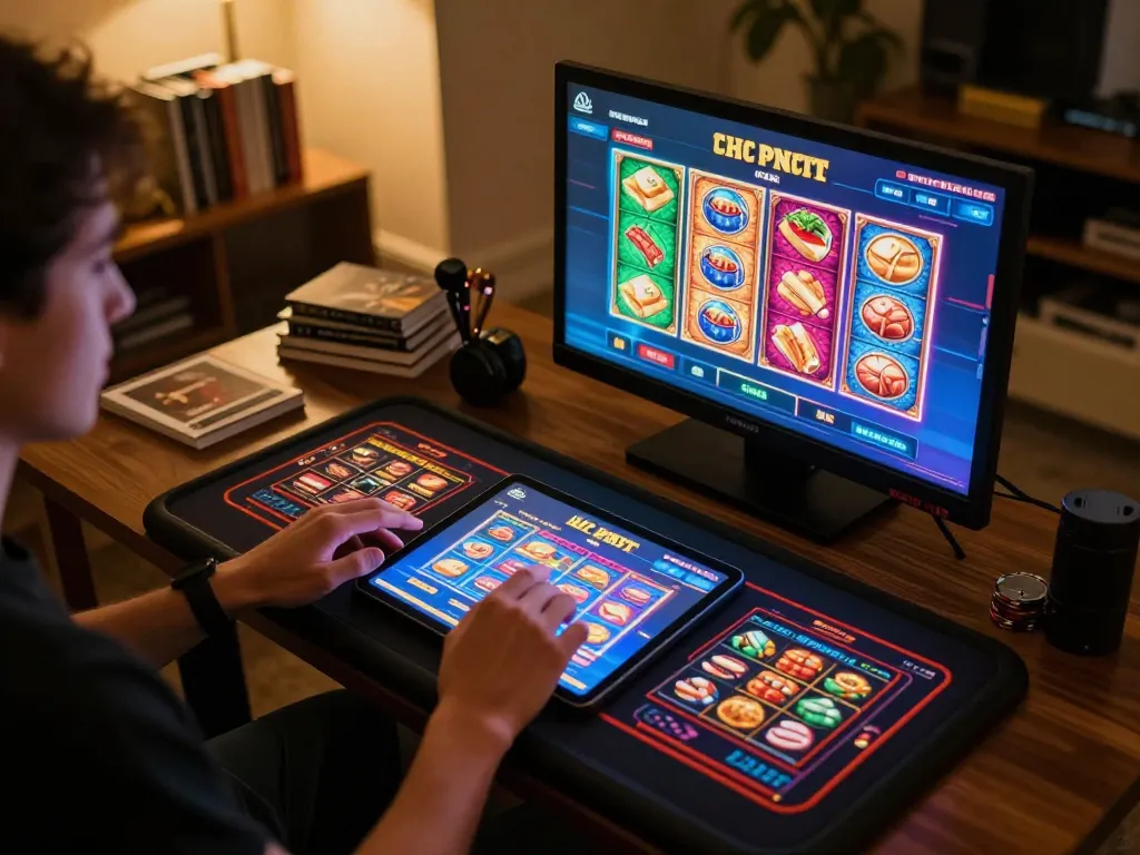 Enjoying thrilling online gaming at Kwin's platform with tablet showing poker games