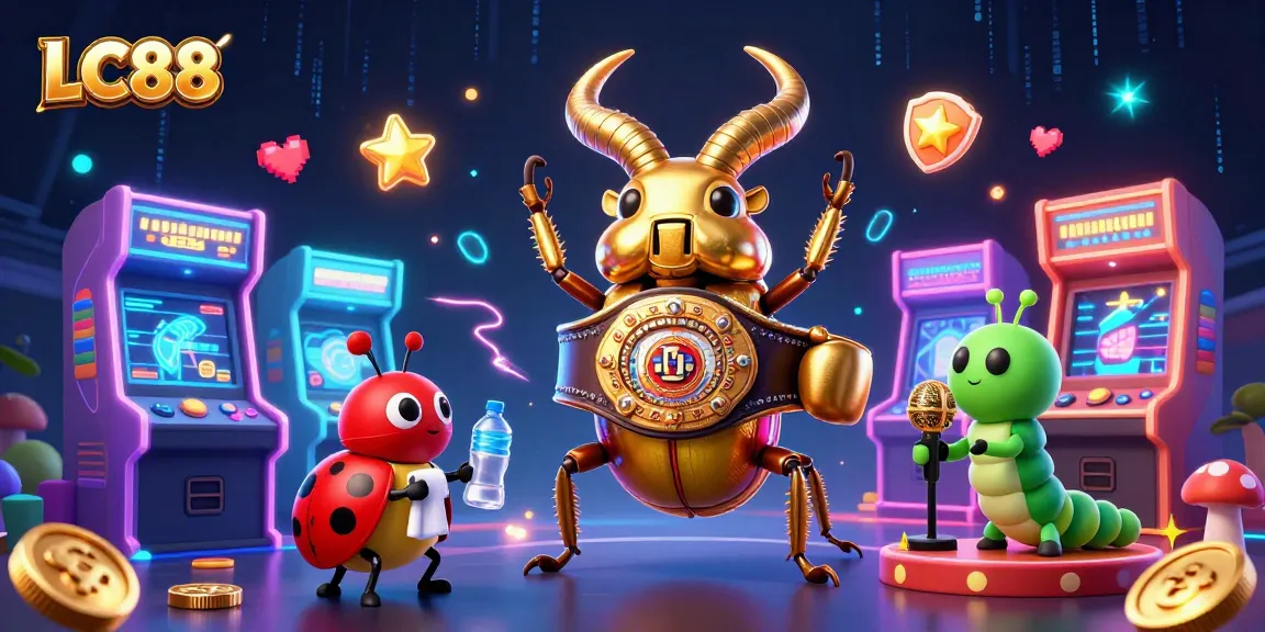 LC88 betting excitement with a cartoon beetle champion and vibrant gaming elements.