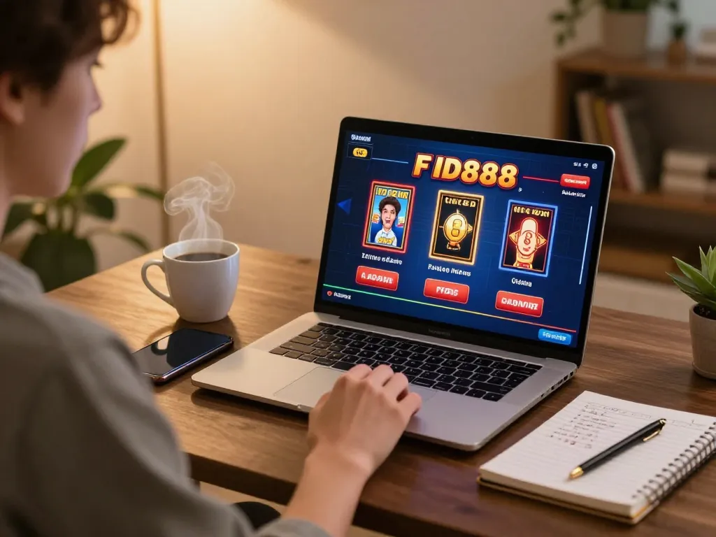 Engaging online gaming session at five88 with player focused on laptop poker game while surrounded by strategy notes.