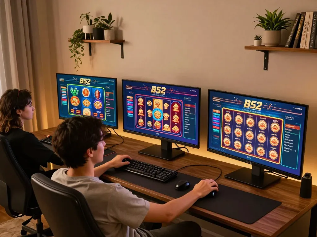 B52 players enjoying thrilling online games in a stylish home setup with bright screens
