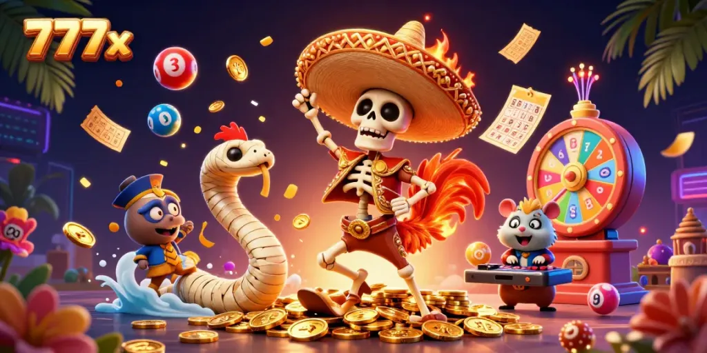 Celebrate wins with 777x as a colorful mariachi rooster dances amidst golden coins and lottery excitement.