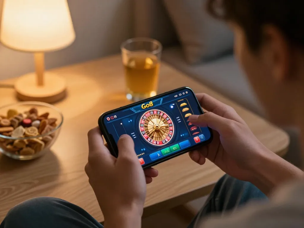 Engaged player using Go8 mobile app for immersive gambling experience at home