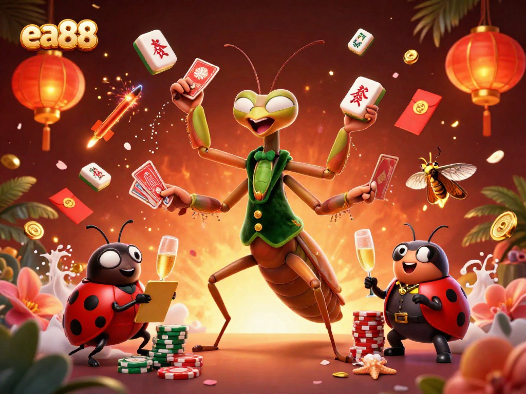 Experience the thrill with ea88 as the mantis dealer and ladybug pit boss orchestrate a lively casino scene.