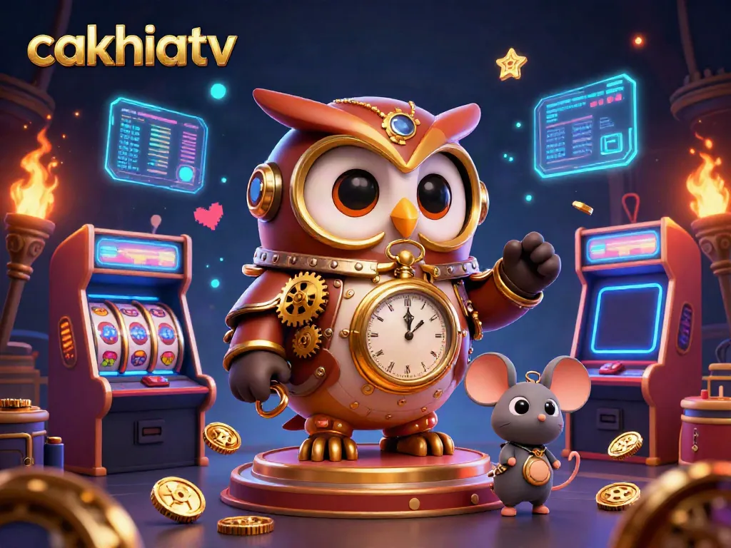 Experience the thrill of gaming with Cakhiatv's vibrant 3D casino illustration featuring an owl, arcade machines, and dazzling lights.