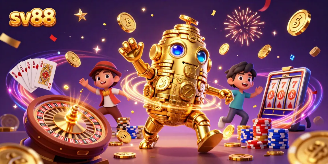 Spin and win with SV88's vibrant casino elements showcasing golden golem and slot reels!