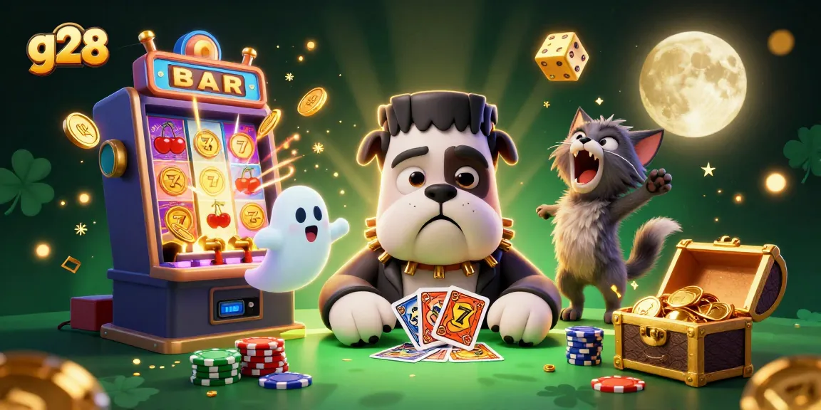 Engaging g28 themed illustration featuring a Frankenstein bulldog dealing cards with festive casino elements.