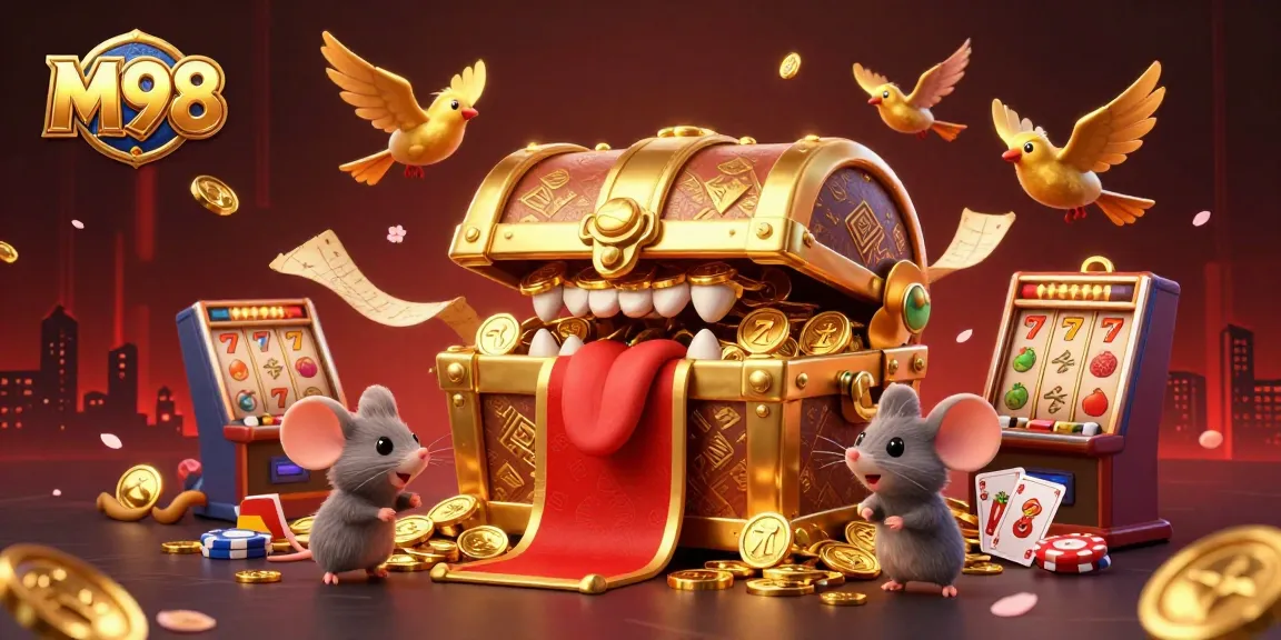 M98 captures the essence of thrill with an enchanting treasure chest scene filled with vibrant slot machines.