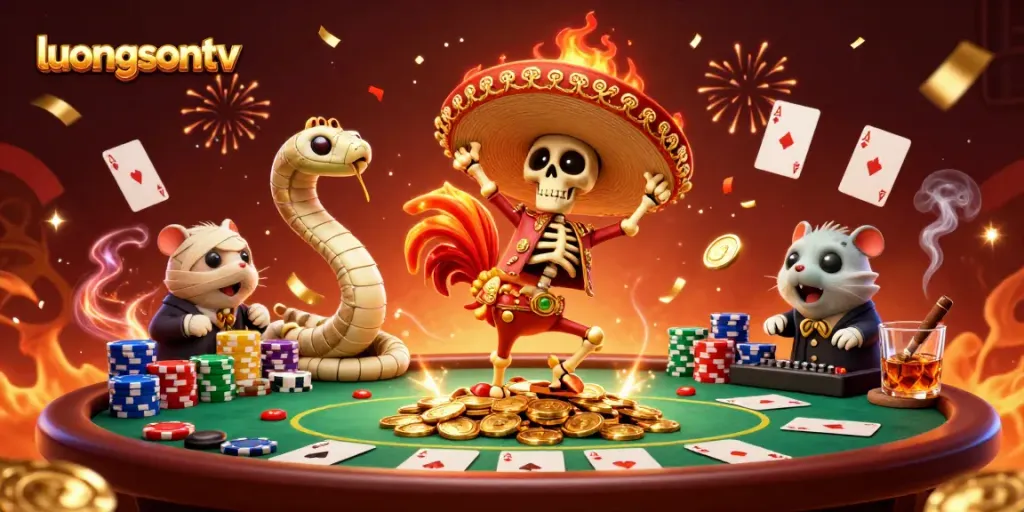 Celebrate winning moments with luongsontv as the skeleton mariachi dances amid poker chips and gold coins.