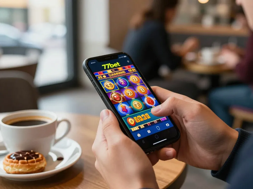 Engaging mobile gaming moment with 77bet app showcasing vibrant slot visuals in a cozy café.