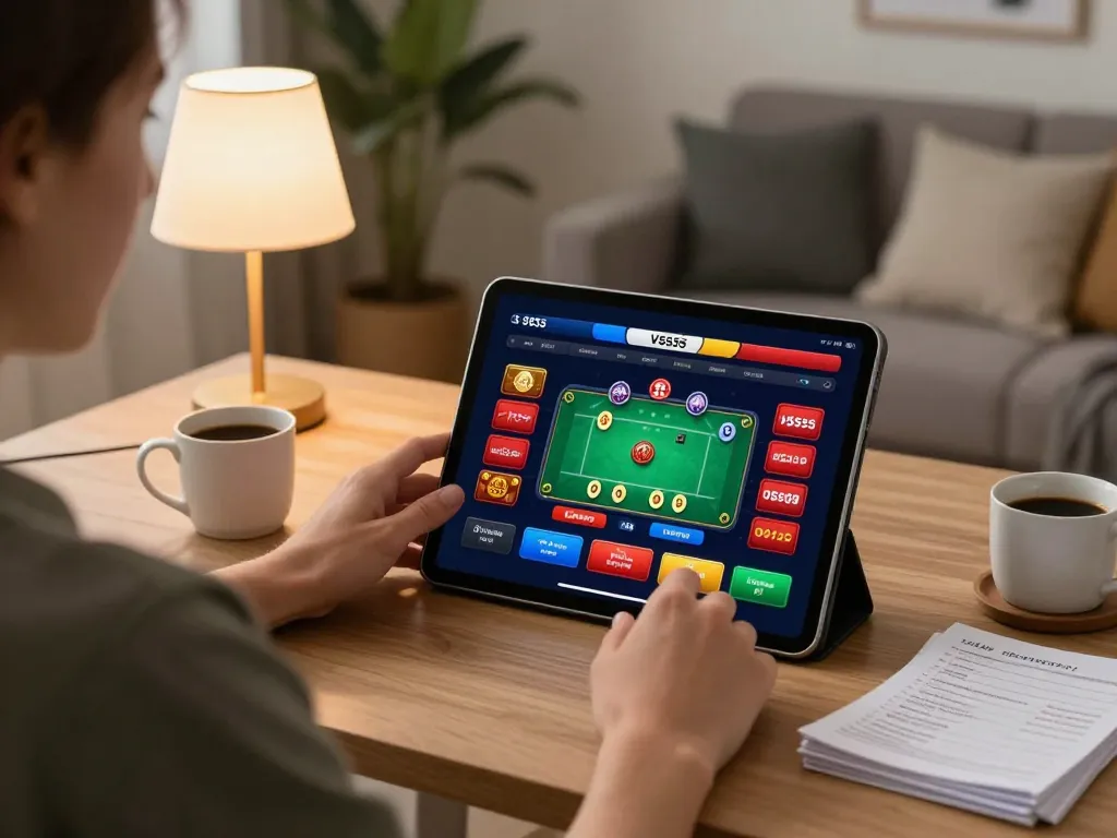 Enjoying a poker game on the VS555 casino app in a cozy home setting with strategy notes visible.