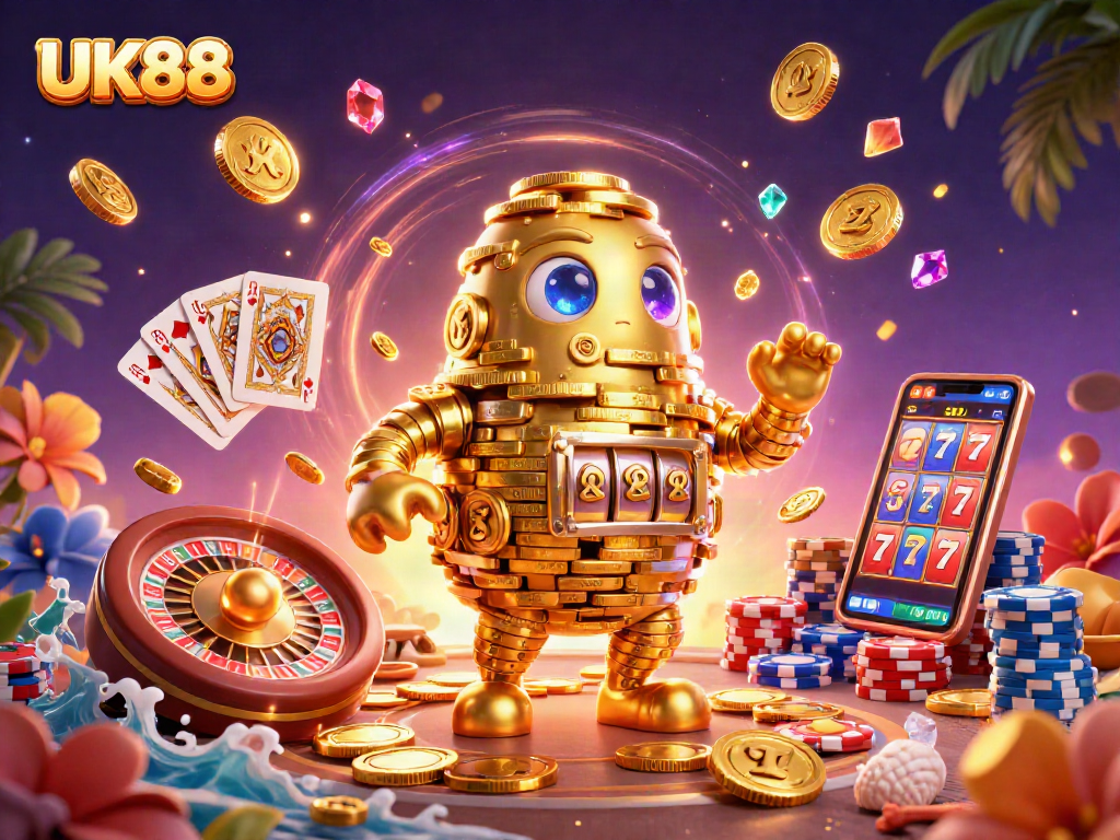 Immerse in UK88's vibrant casino action with a golden golem, roulette, and poker chips.