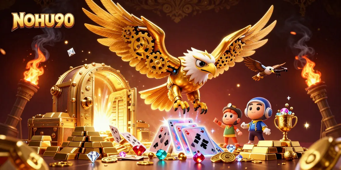 Experience the thrill of winning with NOHU90 in this vibrant 3D casino scene filled with treasures.